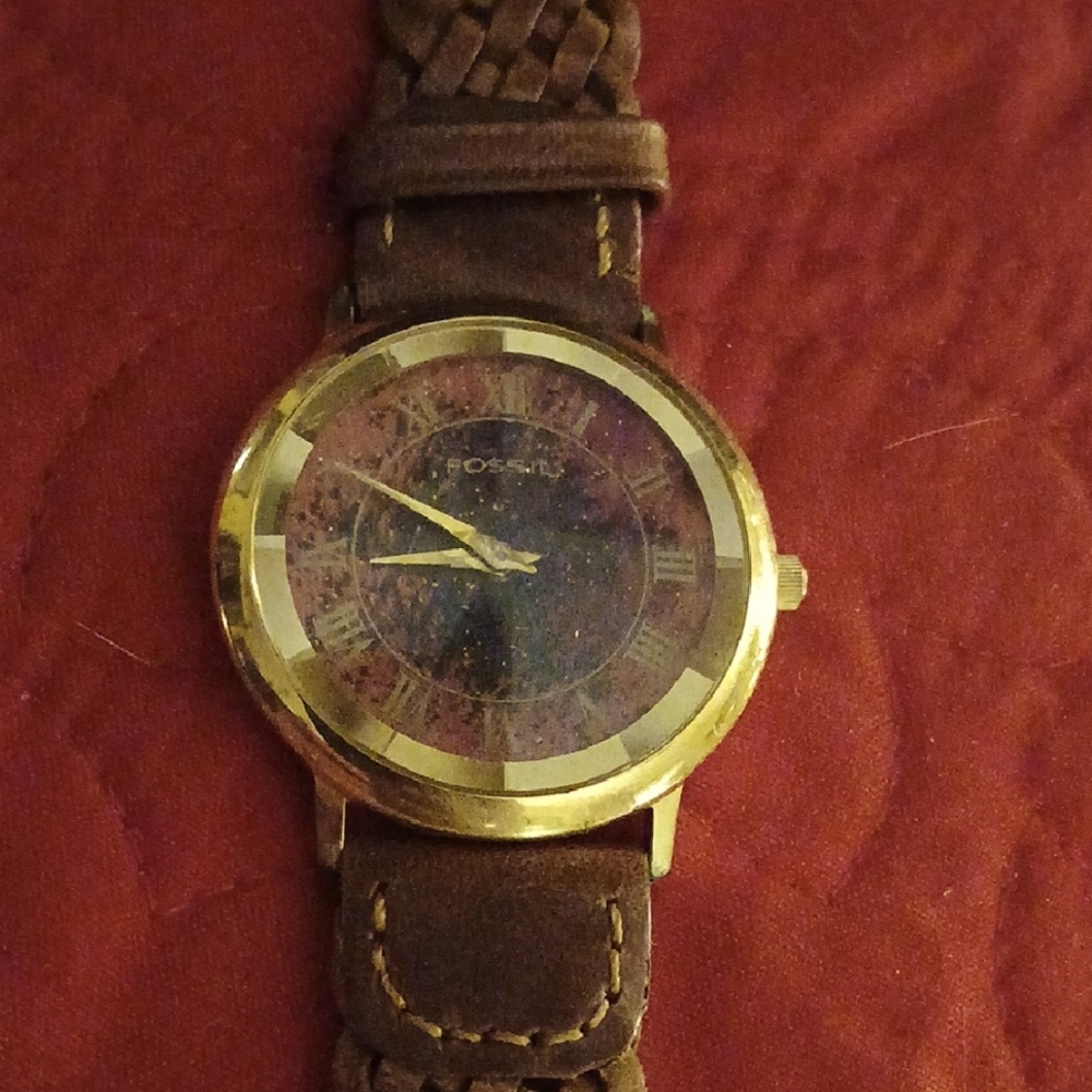 Fossil Brown Leather Strap Watch. Porphyry roman numeral . Stone dial 1980's